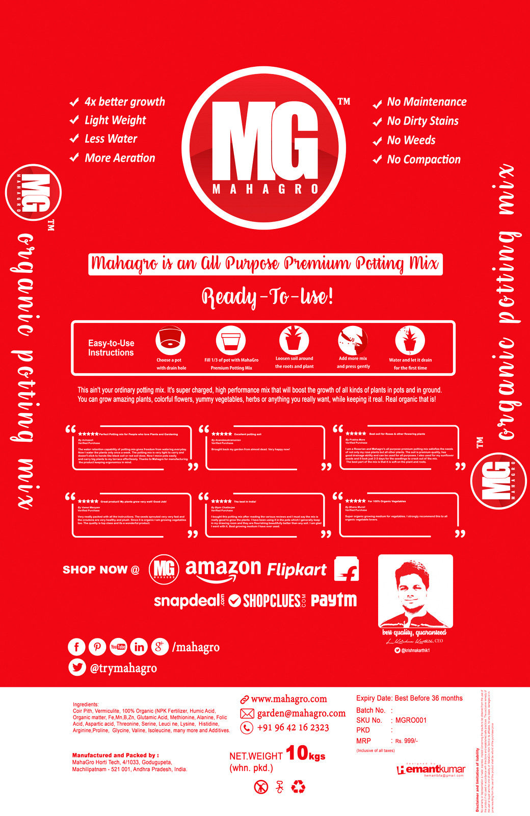 All Purpose Premium Potting Mix®- With Cocopeat & Organic Fertilizer-MahaGro- 10kg (Pack of 10 bags) - MahaGro™